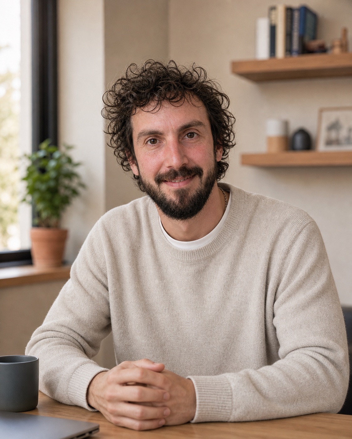 Stepan, Fruitful Lab co-founder, seated in a warm studio workspace.